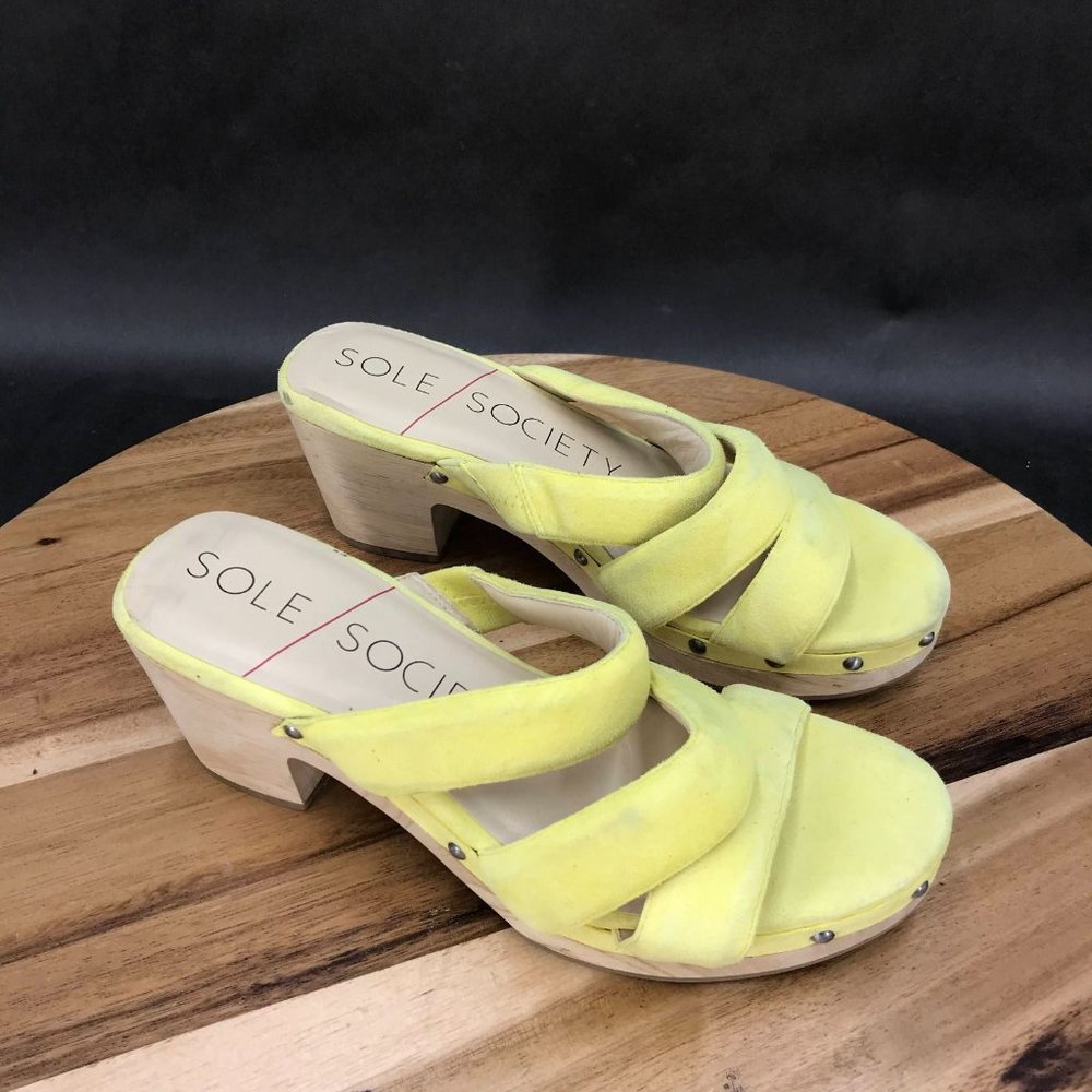 Sole Society Mylee Yellow Suede Strappy Block Heel Slides Womens Size 6 B
